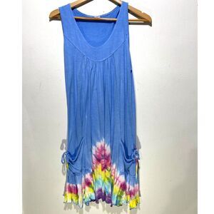 Island Planet beach dress tie dye blue coastal casual rafle pockets  women M
